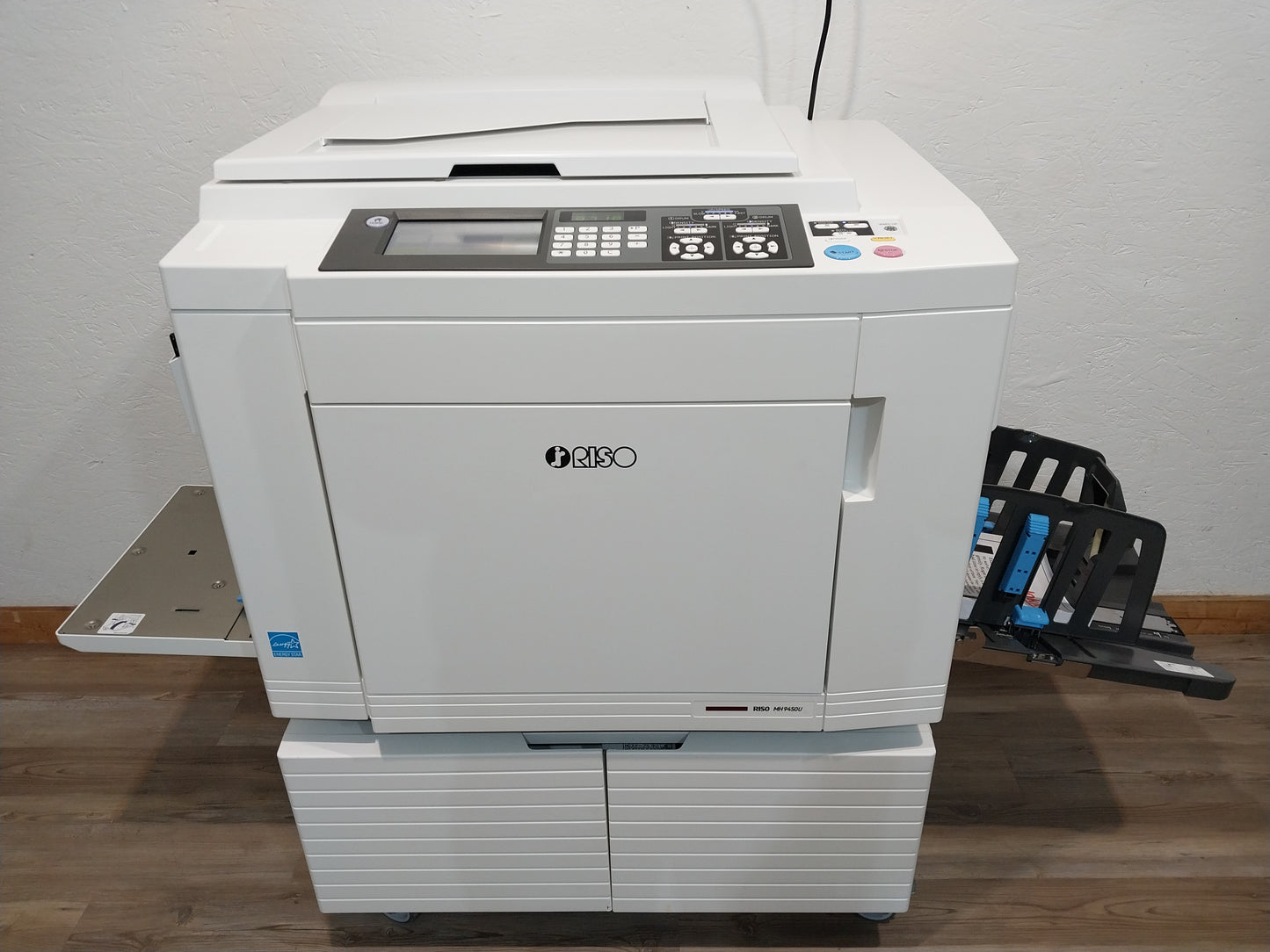 Riso MH9450 Two-Color/Single-Pass Digital Duplicator with Black Drum, Red Drum and Stand!