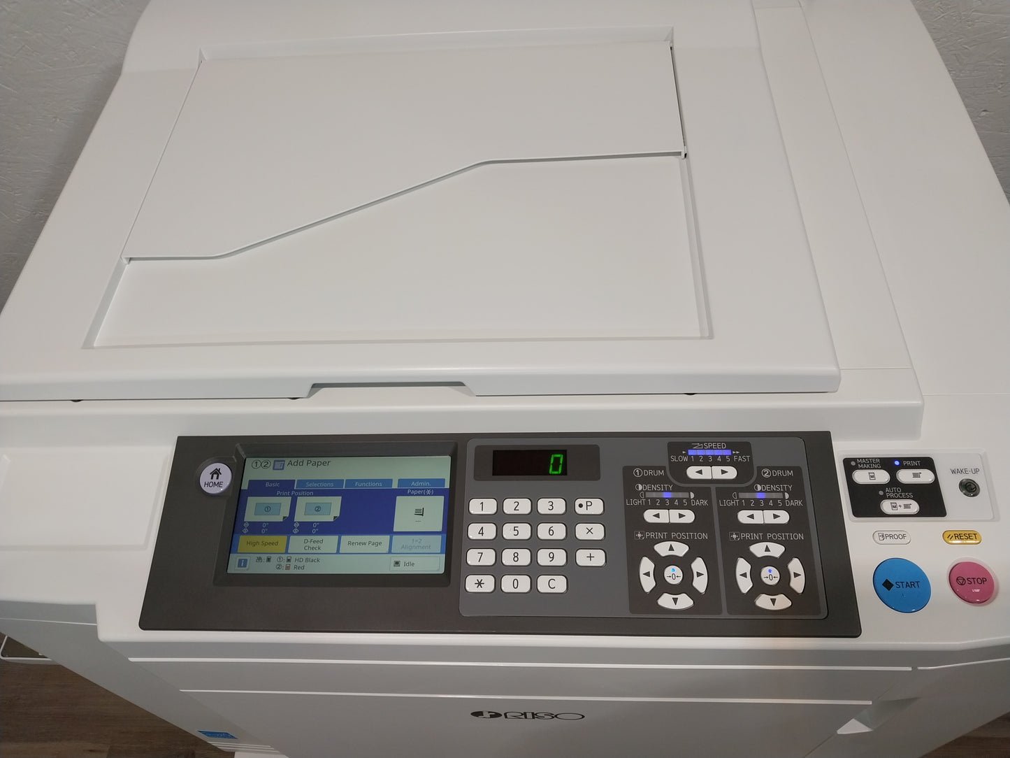 Riso MH9450 Two-Color/Single-Pass Digital Duplicator with Black Drum, Red Drum and Stand!