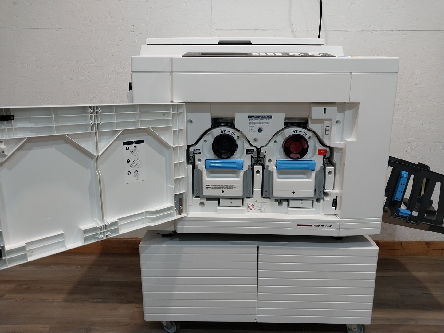 Riso MH9450 Two-Color/Single-Pass Digital Duplicator with Black Drum, Red Drum and Stand!