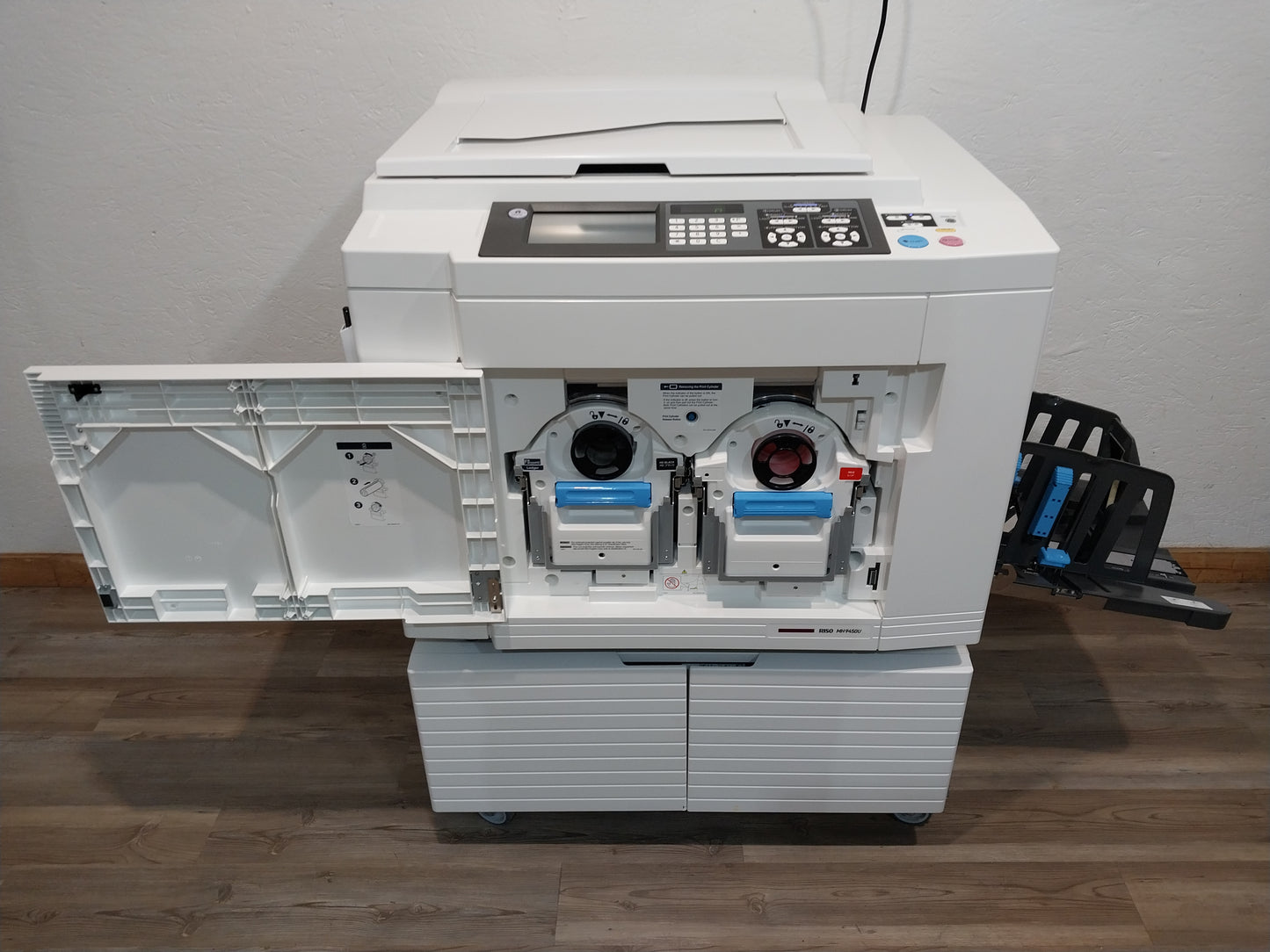 Riso MH9450 Two-Color/Single-Pass Digital Duplicator with Black Drum, Red Drum and Stand!