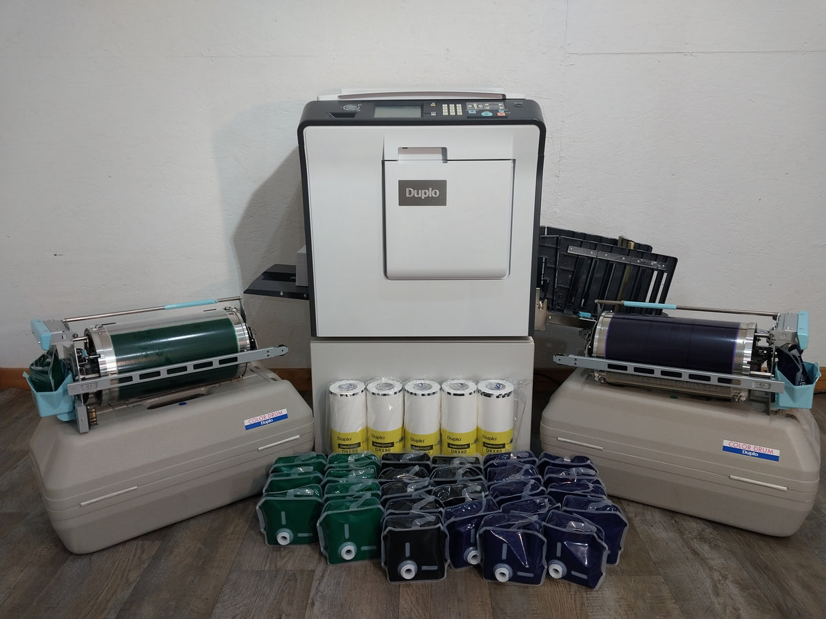 Duplo DP-X850 Digital Duplicator with Three Print Cylinders, Extra Supplies and Stand. Only 130K Total Prints!