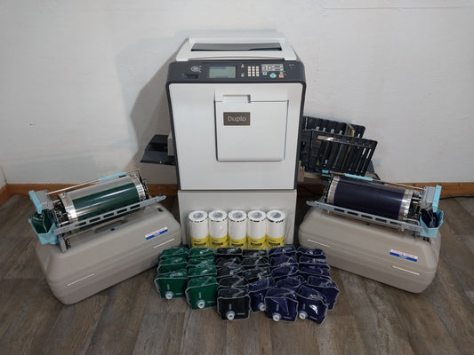 Duplo DP-X850 Digital Duplicator with Three Print Cylinders, Extra Supplies and Stand. Only 130K Total Prints!