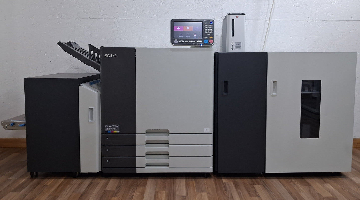 New Riso ComColor GD7330 Full Color Inkjet Printer with a New Fiery Controller, High-Capacity Feeder and High-Capacity Stacker