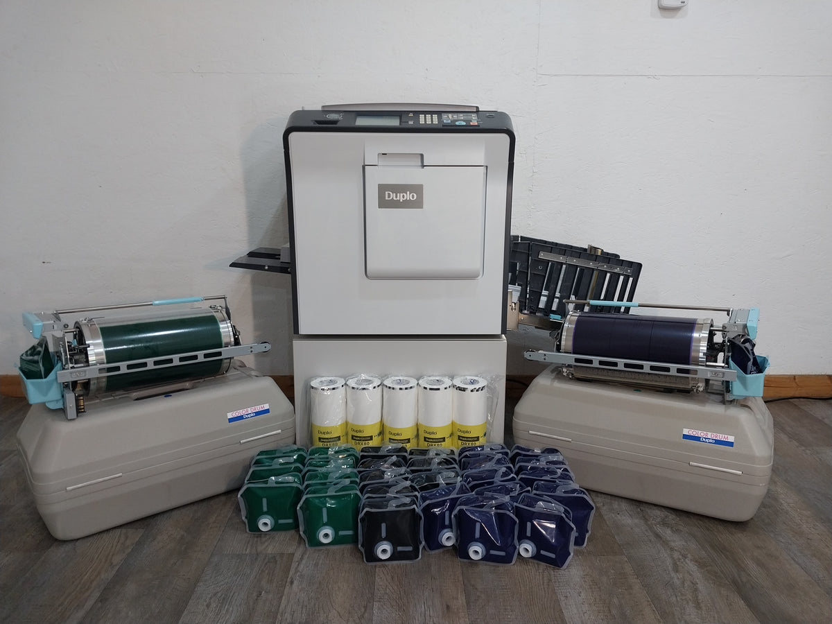 Duplo DP-X850 Digital Duplicator with Three Print Cylinders, Extra Supplies and Stand. Only 130K Total Prints!