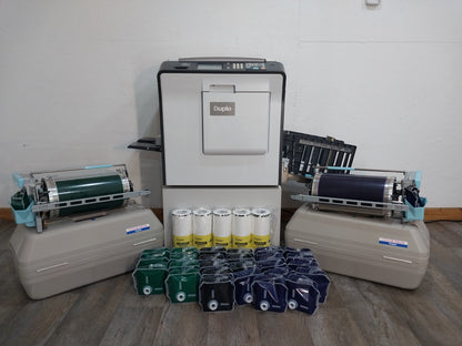 Duplo DP-X850 Digital Duplicator with Three Print Cylinders, Extra Supplies and Stand. Only 130K Total Prints!