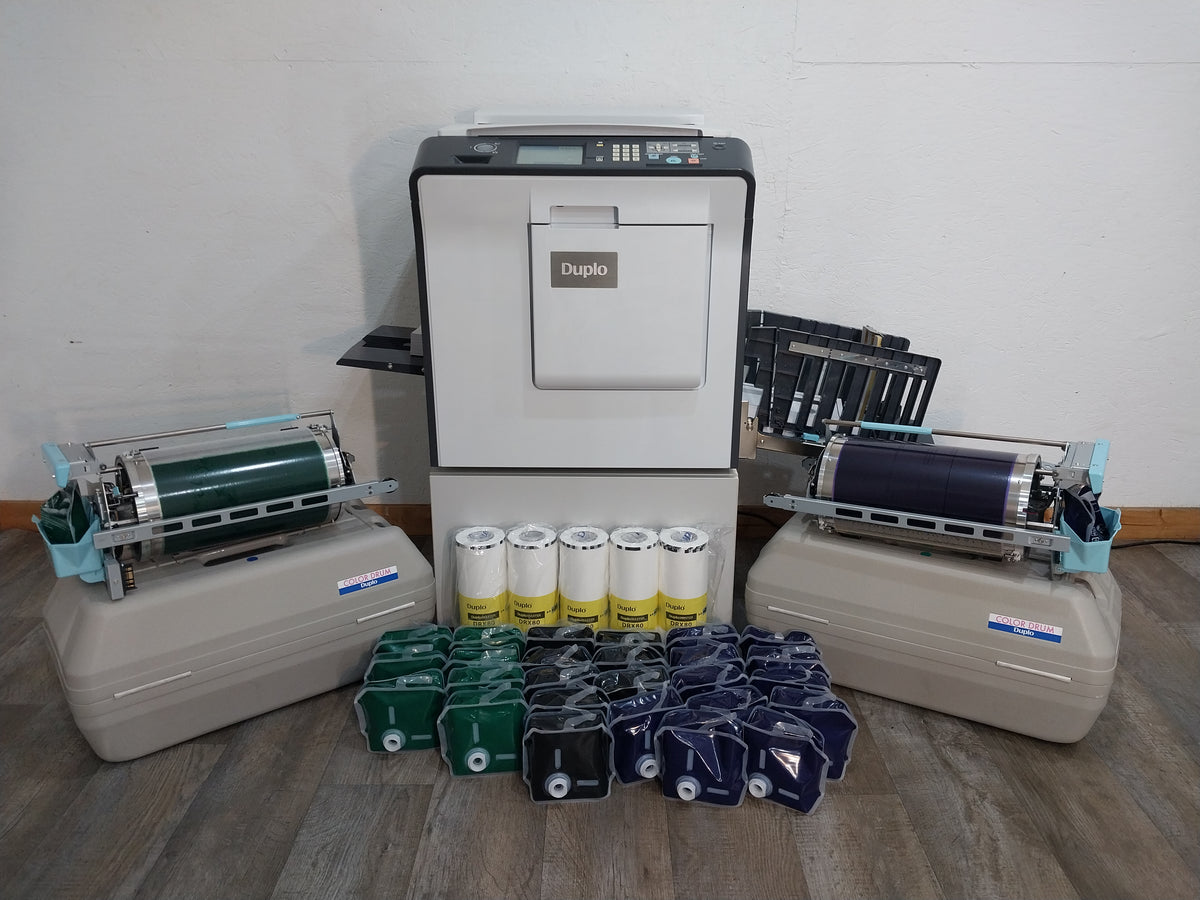Duplo DP-X850 Digital Duplicator with Three Print Cylinders, Extra Supplies and Stand. Only 130K Total Prints!