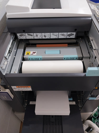 Duplo DP-X850 Digital Duplicator with Three Print Cylinders, Extra Supplies and Stand. Only 130K Total Prints!