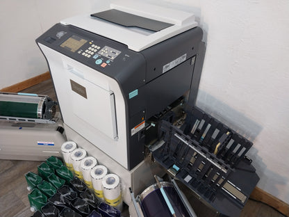 Duplo DP-X850 Digital Duplicator with Three Print Cylinders, Extra Supplies and Stand. Only 130K Total Prints!