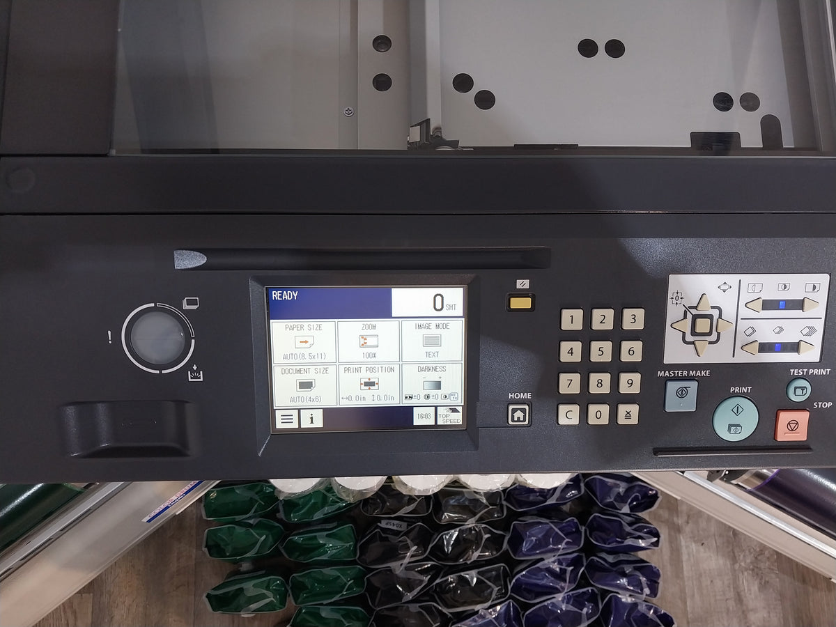 Duplo DP-X850 Digital Duplicator with Three Print Cylinders, Extra Supplies and Stand. Only 130K Total Prints!