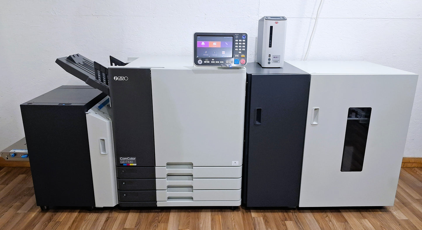 New Riso ComColor GD7330 Full Color Inkjet Printer with a New Fiery Controller, High-Capacity Feeder and High-Capacity Stacker