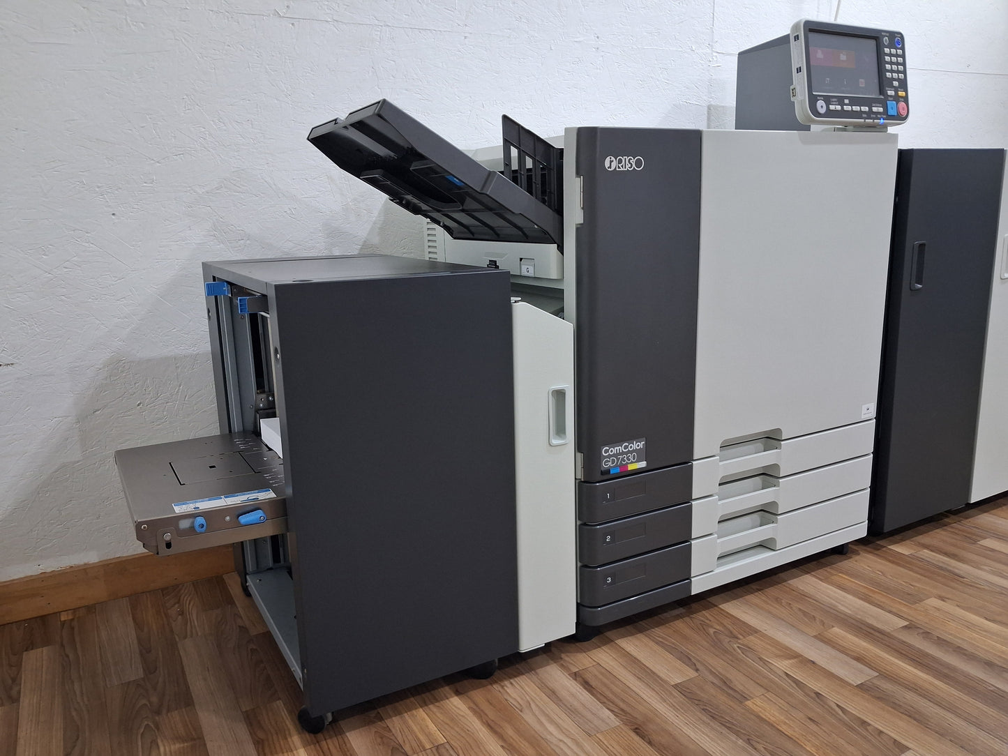New Riso ComColor GD7330 Full Color Inkjet Printer with a New Fiery Controller, High-Capacity Feeder and High-Capacity Stacker