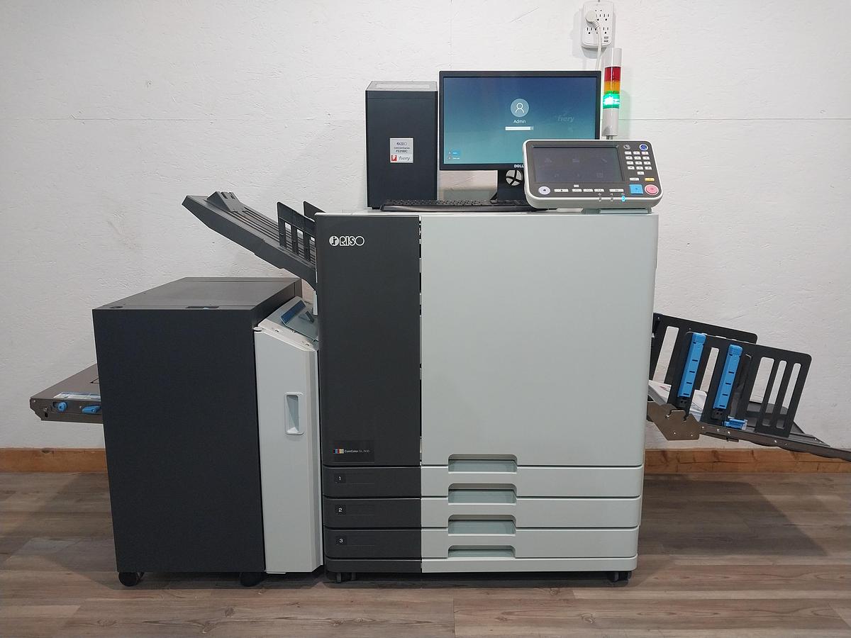 Riso ComColor GL7430 Full-Color Inkjet Printer. Configured with a High-Capacity Feeder, FS2100c Fiery Controller, and Wide Stacking Tray