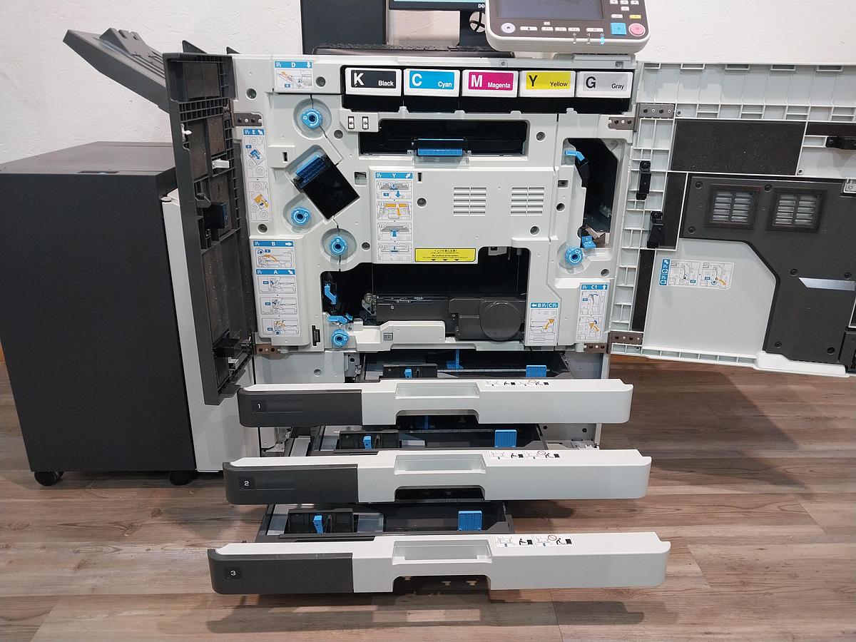 Riso ComColor GL7430 Full-Color Inkjet Printer. Configured with a High-Capacity Feeder, FS2100c Fiery Controller, and Wide Stacking Tray