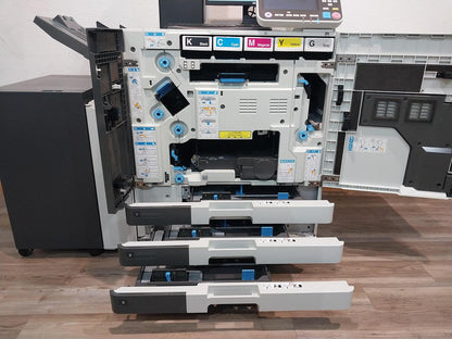 Riso ComColor GL7430 Full-Color Inkjet Printer. Configured with a High-Capacity Feeder, FS2100c Fiery Controller, and Wide Stacking Tray