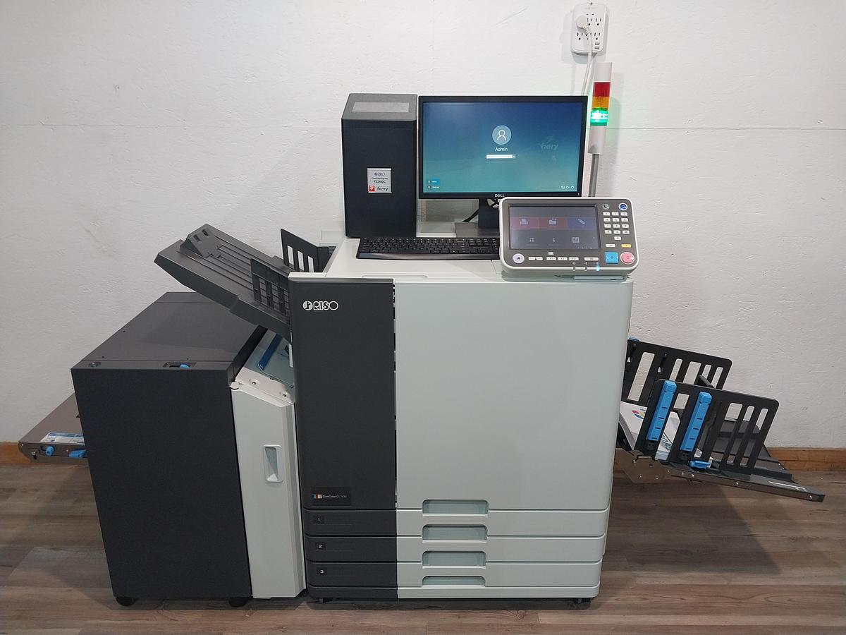 Riso ComColor GL7430 Full-Color Inkjet Printer. Configured with a High-Capacity Feeder, FS2100c Fiery Controller, and Wide Stacking Tray