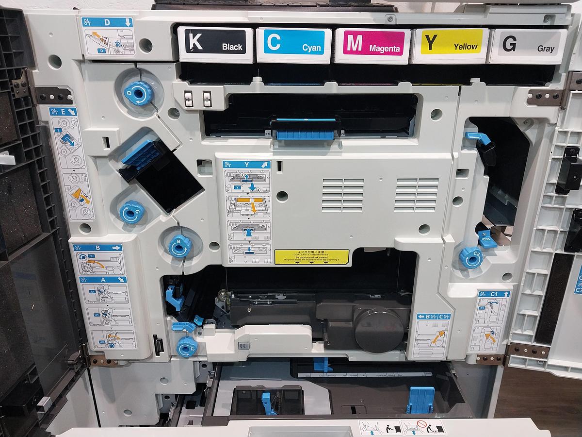 Riso ComColor GL7430 Full-Color Inkjet Printer. Configured with a High-Capacity Feeder, FS2100c Fiery Controller, and Wide Stacking Tray