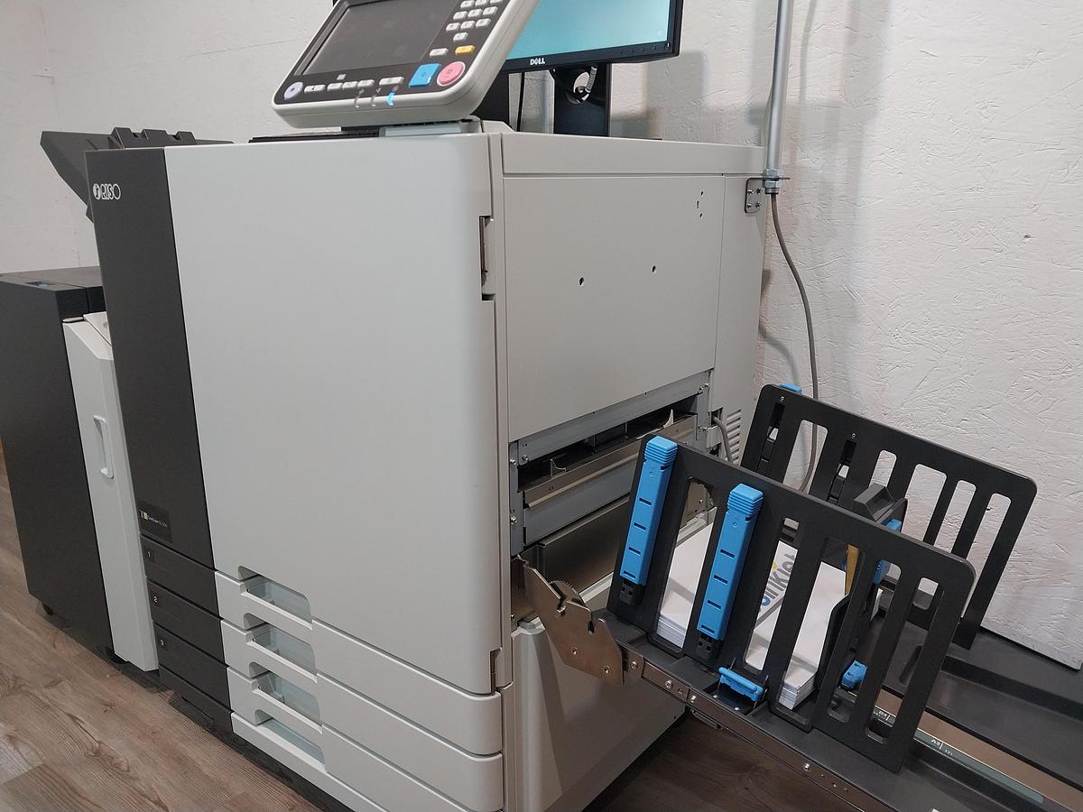 Riso ComColor GL7430 Full-Color Inkjet Printer. Configured with a High-Capacity Feeder, FS2100c Fiery Controller, and Wide Stacking Tray